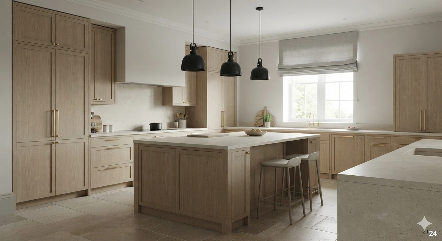 Professional architectural of a high-end modern kitchen, eye-level perspective. the cabinetry features unlacquered brass...