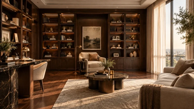 A, cinematic editorial photograph of a grand, sophisticated home library featuring floor-to-ceiling custom dark oak...