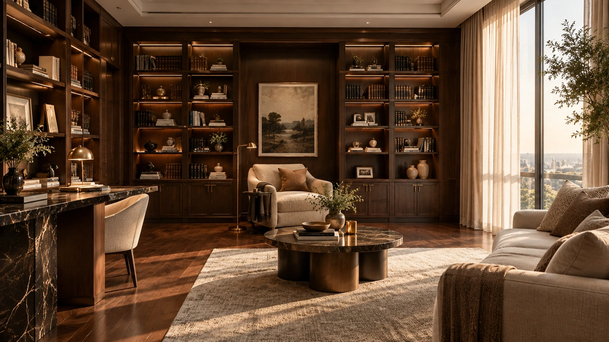 A, cinematic editorial photograph of a grand, sophisticated home library featuring floor-to-ceiling custom dark oak...