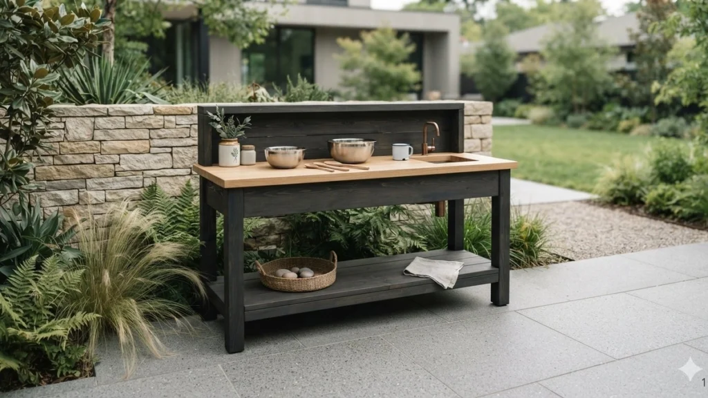 A sophisticated, high-end outdoor mud kitchen integrated seamlessly into a lush, contemporary residential garden. the mud...