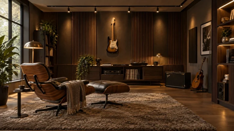 A sophisticated, high-end contemporary music room designed as a refined home sanctuary. the space features a seamless blend...