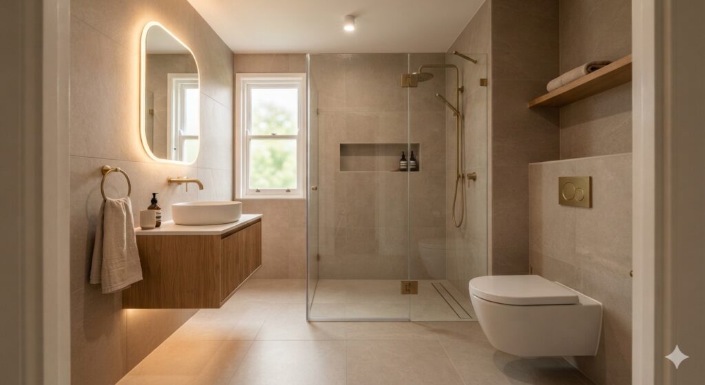 Small cozy bathroom with full-height taupe tile and wall-mounted oak vanity