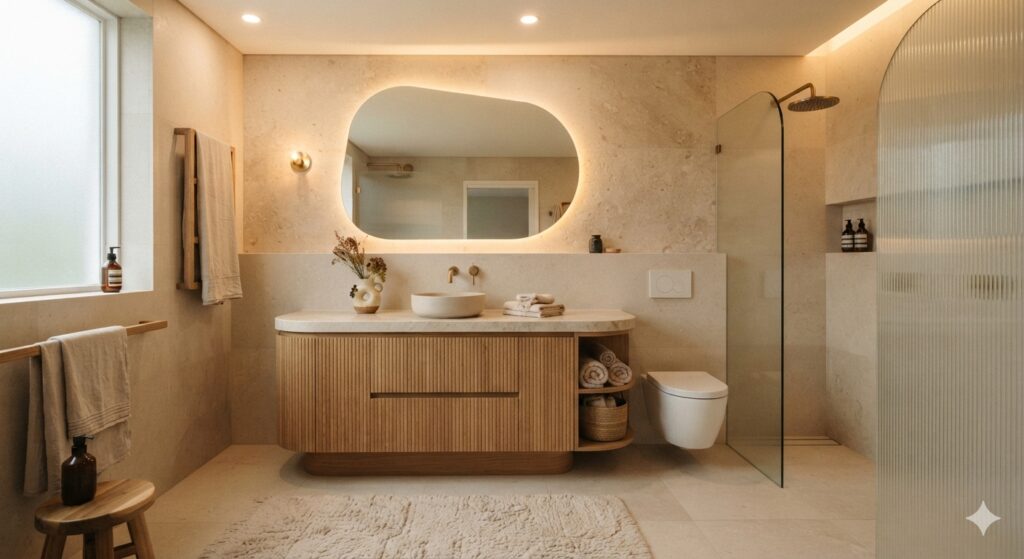 Warm minimalist bathroom with oak vanity, limestone, curved mirror, and freestanding tub