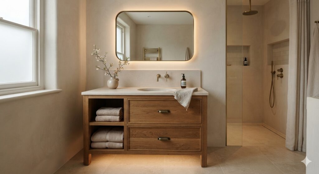 Warm oak vanity bathroom with limestone surfaces and aged brass fixtures