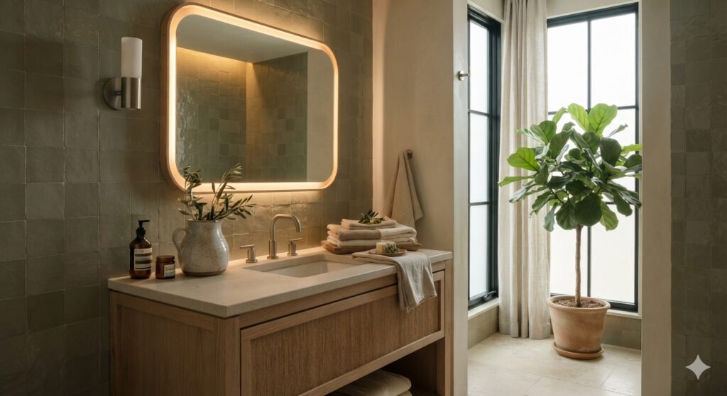 Muted green bathroom with oak vanity, limestone, and natural greenery