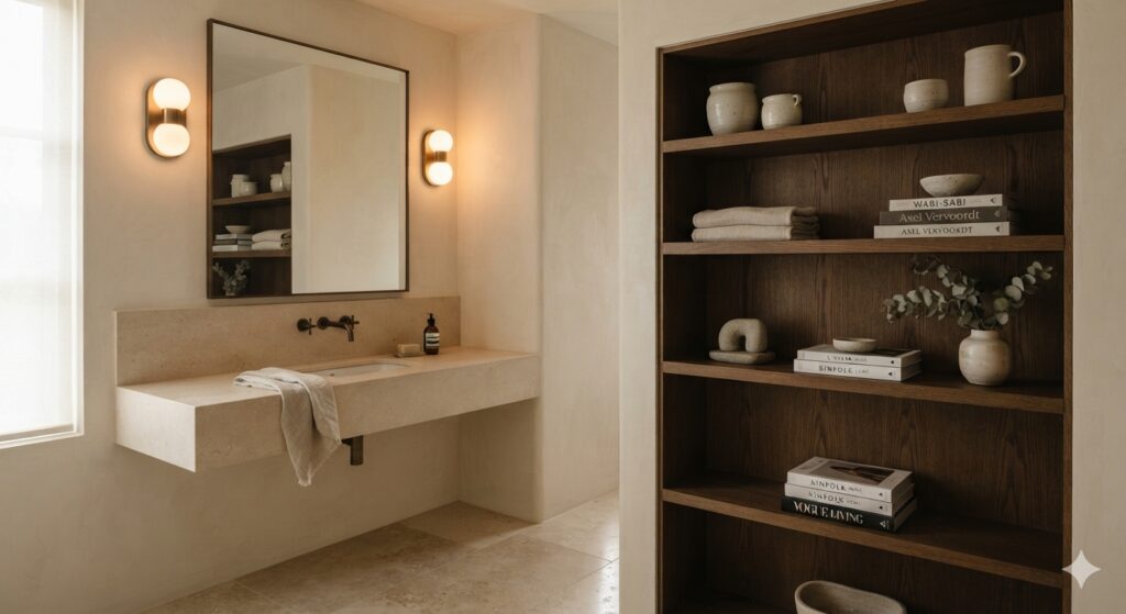 Cozy bathroom with dark oak shelving, books, ceramics, and warm stone