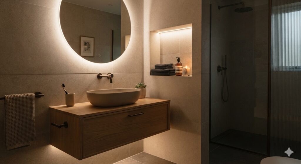 Warmly illuminated cozy bathroom with oak vanity and low evening lighting