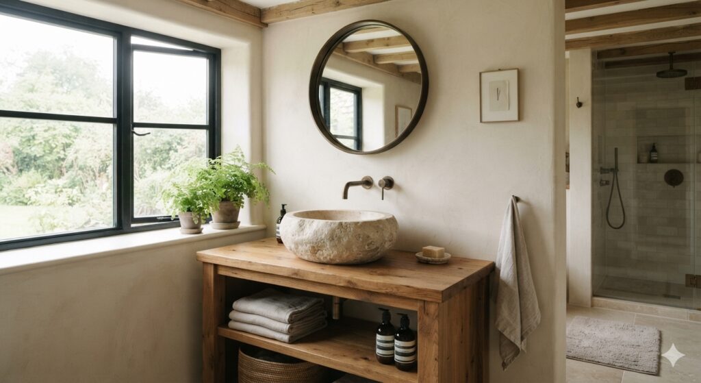 Sculptural stone basin on an oak vanity in a cozy bathroom