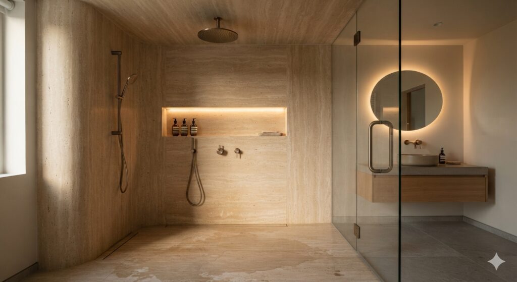 Warm stone walk-in shower with illuminated recessed niche in a cozy bathroom