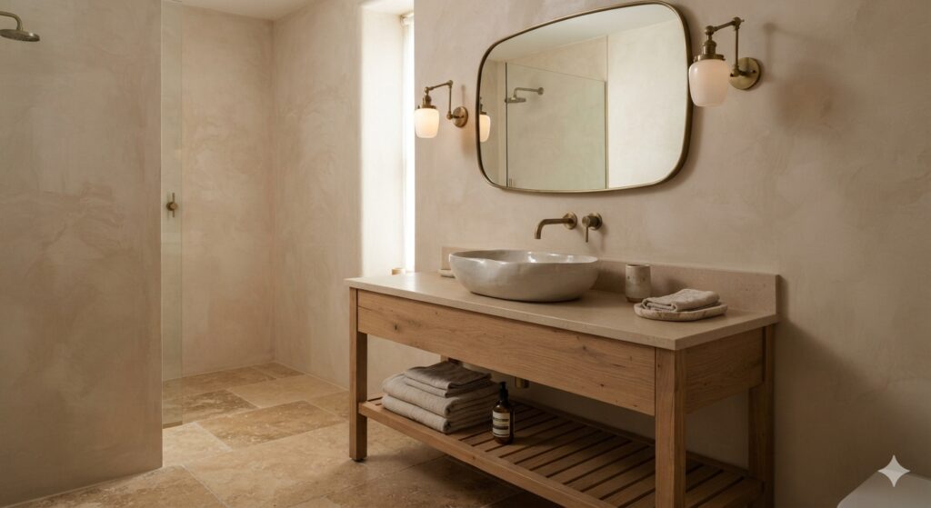 Textured plaster walls and oak vanity in a cozy contemporary bathroom