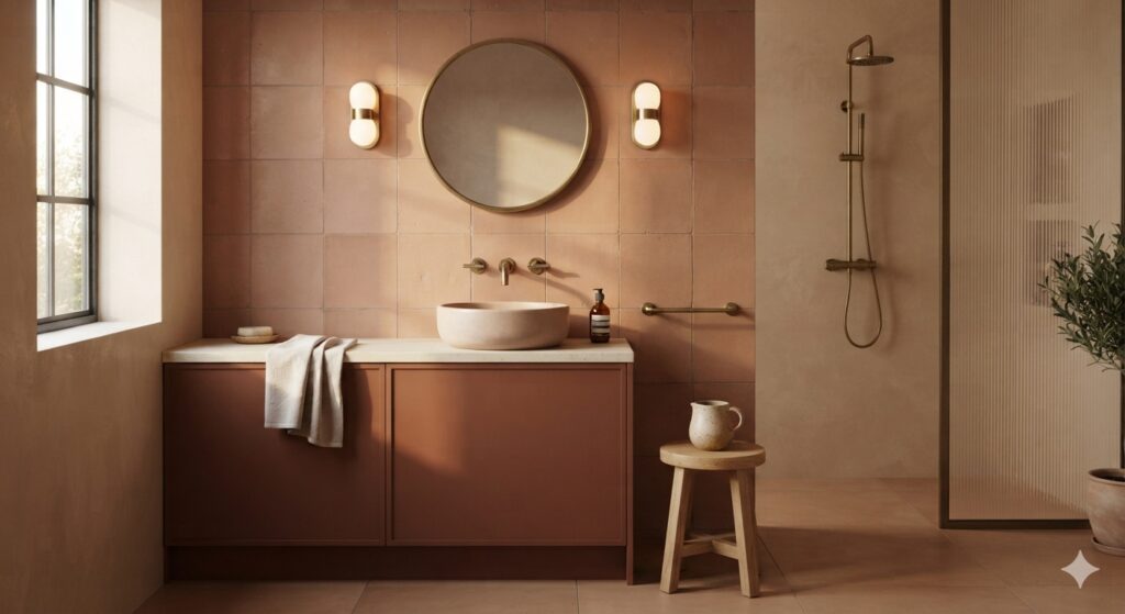 Muted terracotta bathroom with warm stone, brass fixtures, and curved basin