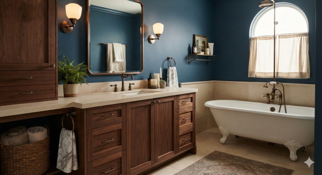 Deep blue bathroom with walnut vanity, limestone, and warm lighting