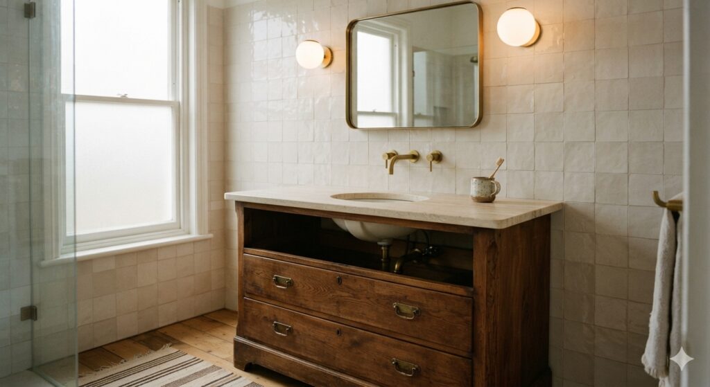 Vintage walnut dresser used as a vanity in a cozy bathroom
