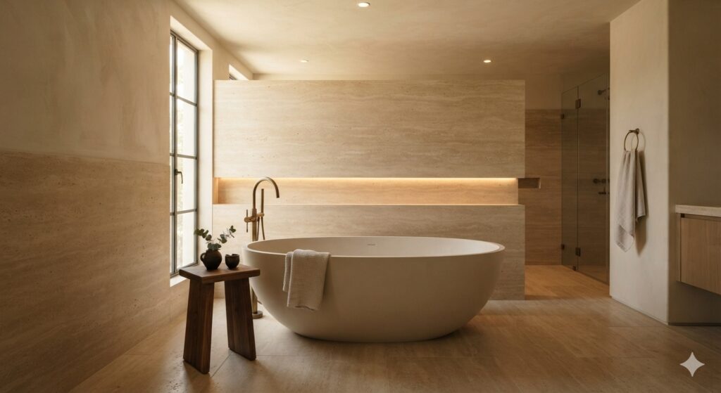 Freestanding bathtub against warm limestone walls in a cozy bathroom