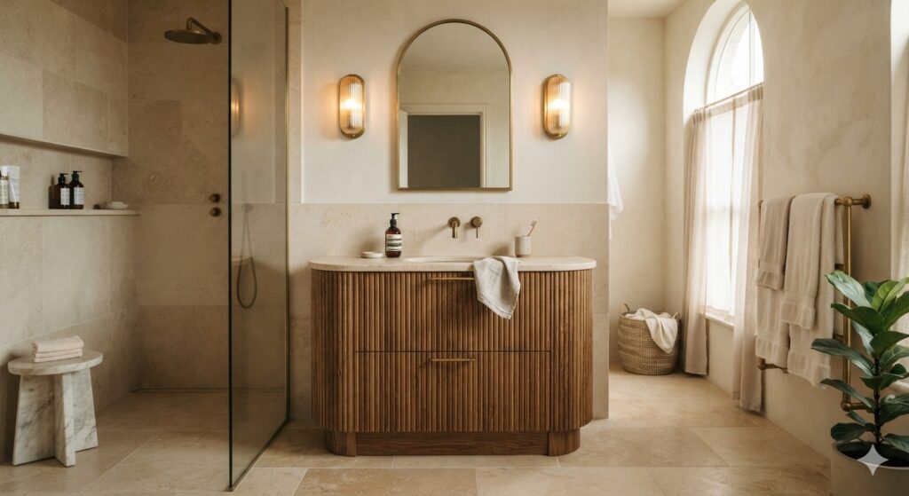 Fluted oak vanity with stone countertop in a warm contemporary bathroom