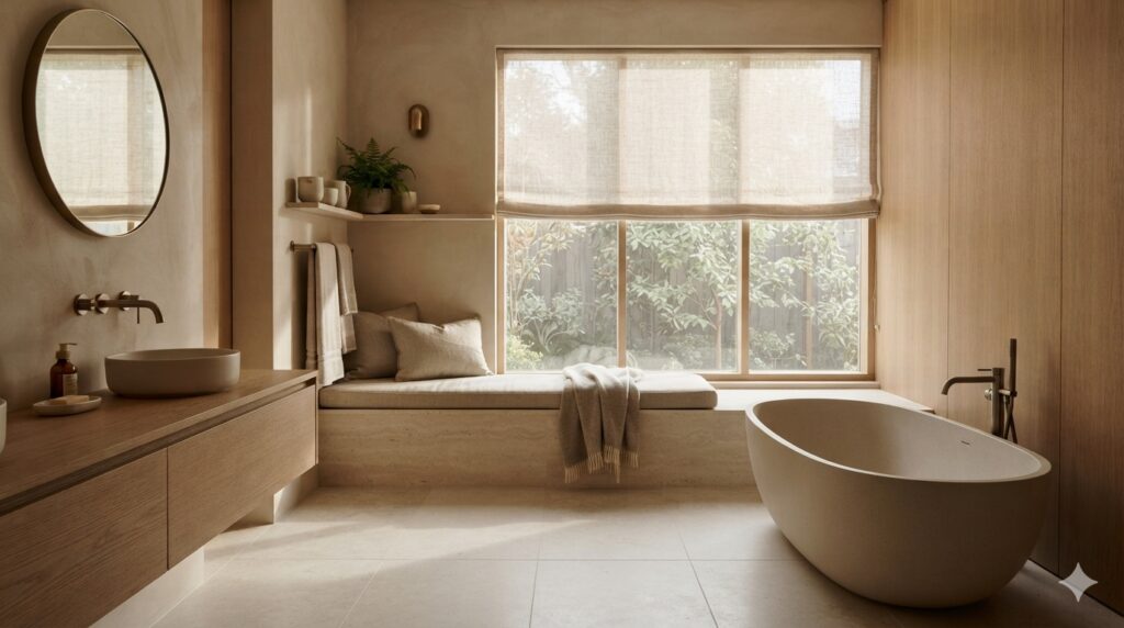 Cozy bathroom with a stone window seat beside a freestanding bathtub