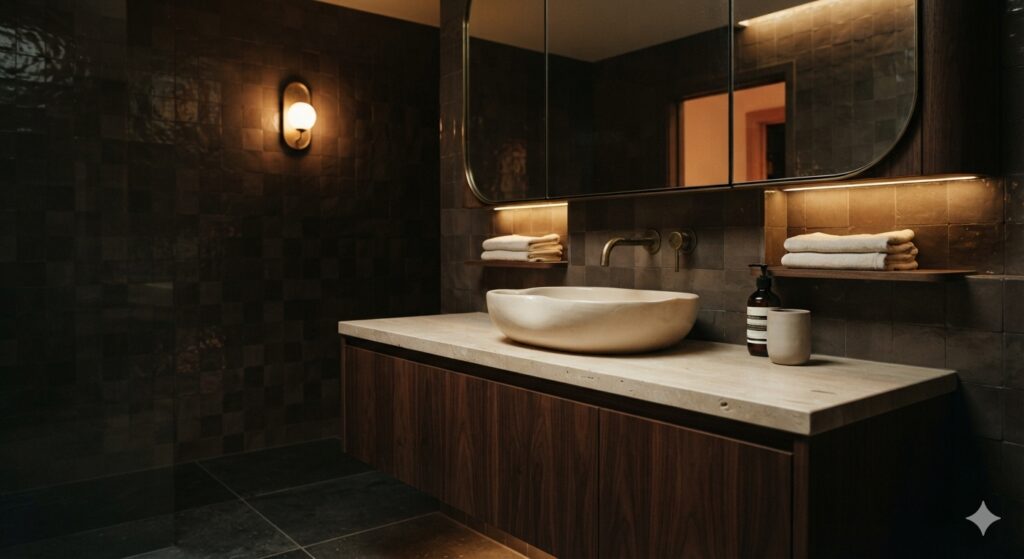 Moody chocolate brown bathroom with walnut vanity and warm brass lighting