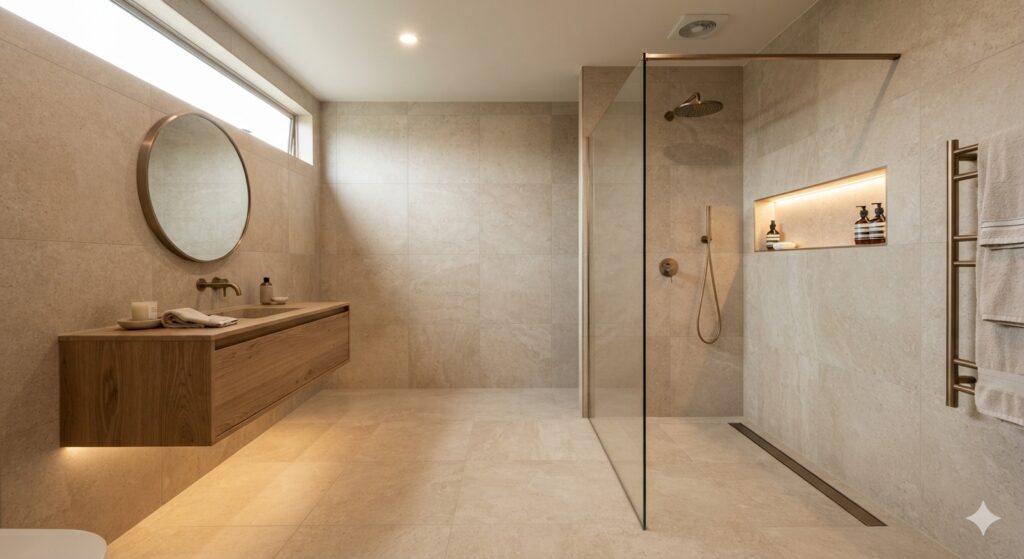 Warm stone wet room with curbless shower and oak vanity
