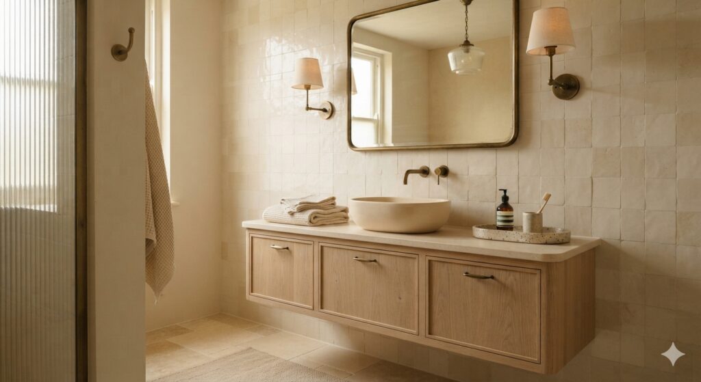 Warm white bathroom with antique brass fixtures and pale oak vanity