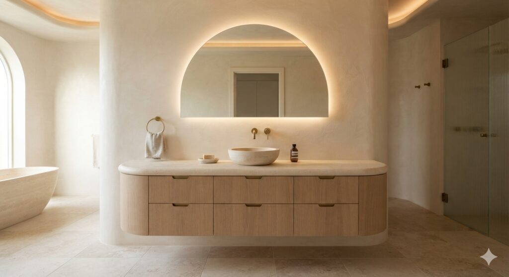 Curved plaster vanity wall with rounded mirror in a warm contemporary bathroom