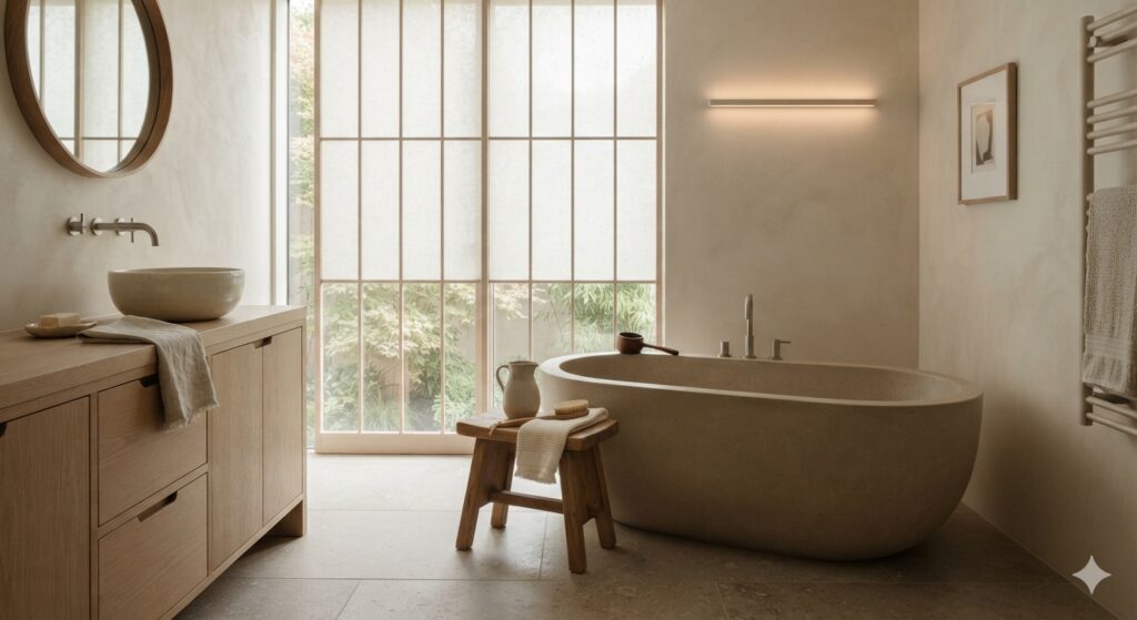 Japandi-inspired cozy bathroom with oak cabinetry and sculptural soaking tub