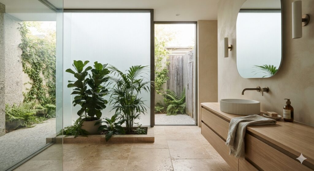 Cozy bathroom overlooking a small green courtyard with natural materials